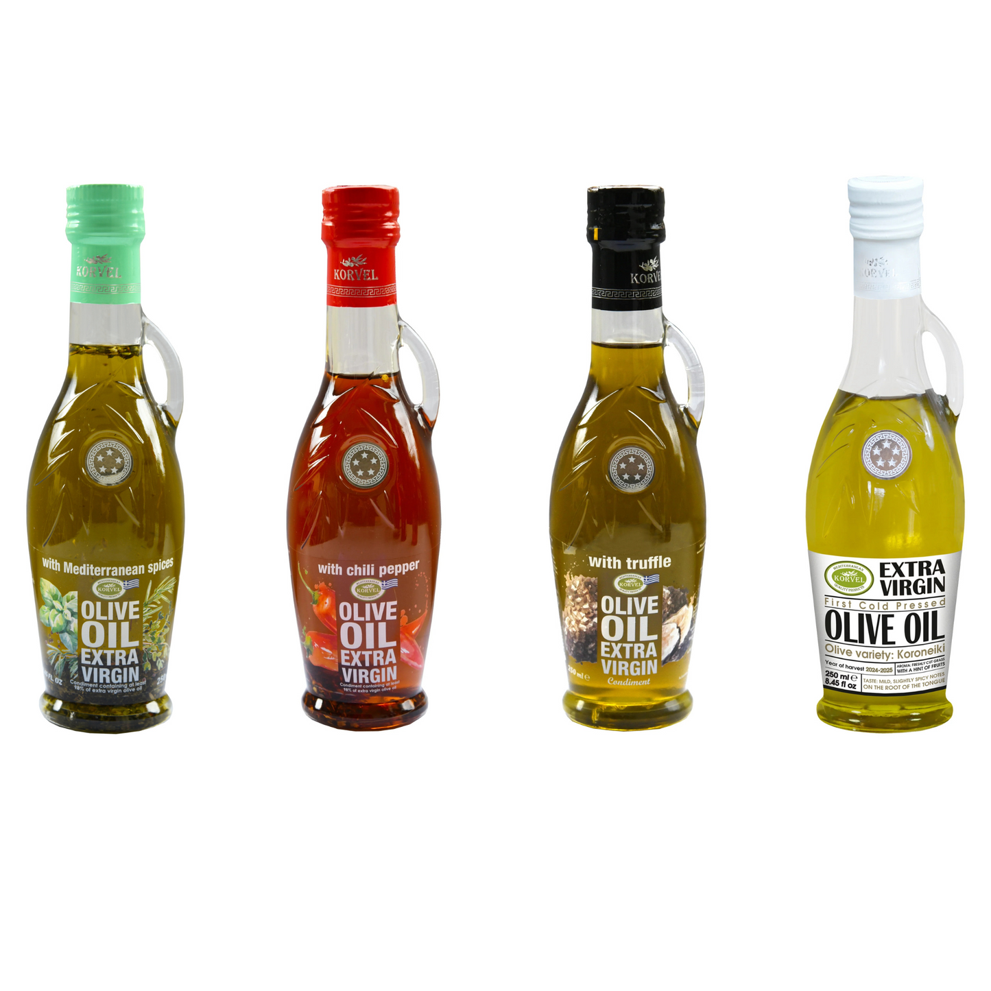 KORVEL Greek Olive Oil Set - 4 Flavors in Elegant Bottles