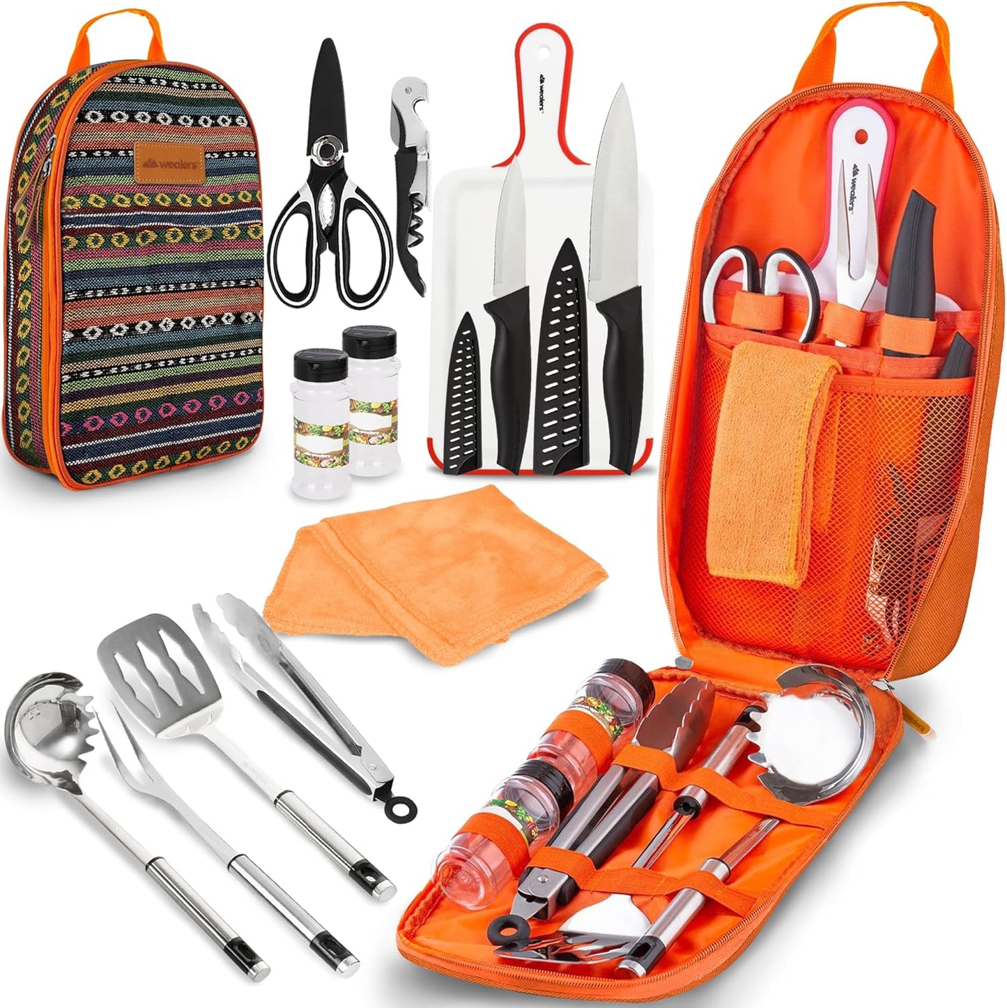 Camp Kitchen Cooking Utensil Set Travel Organizer Grill Accessories Portable Compact Gear for Backpacking BBQ Camping Hiking Travel Cookware Kit Water Resistant Case