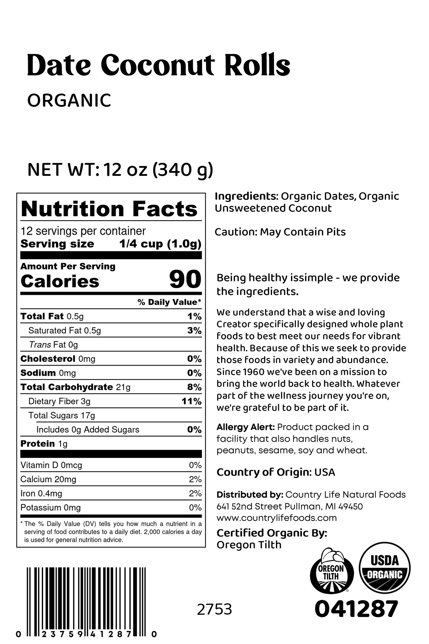 Date Coconut Roll, Organic