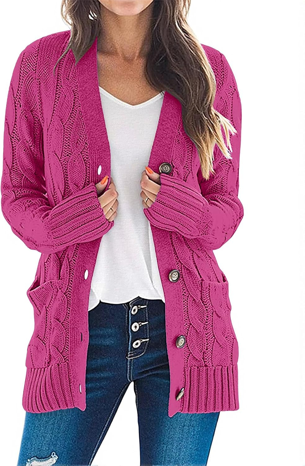 Women'S 2025 Fall Long Sleeve Cable Knit Sweater Open Front Cardigan Button Loose Outerwear