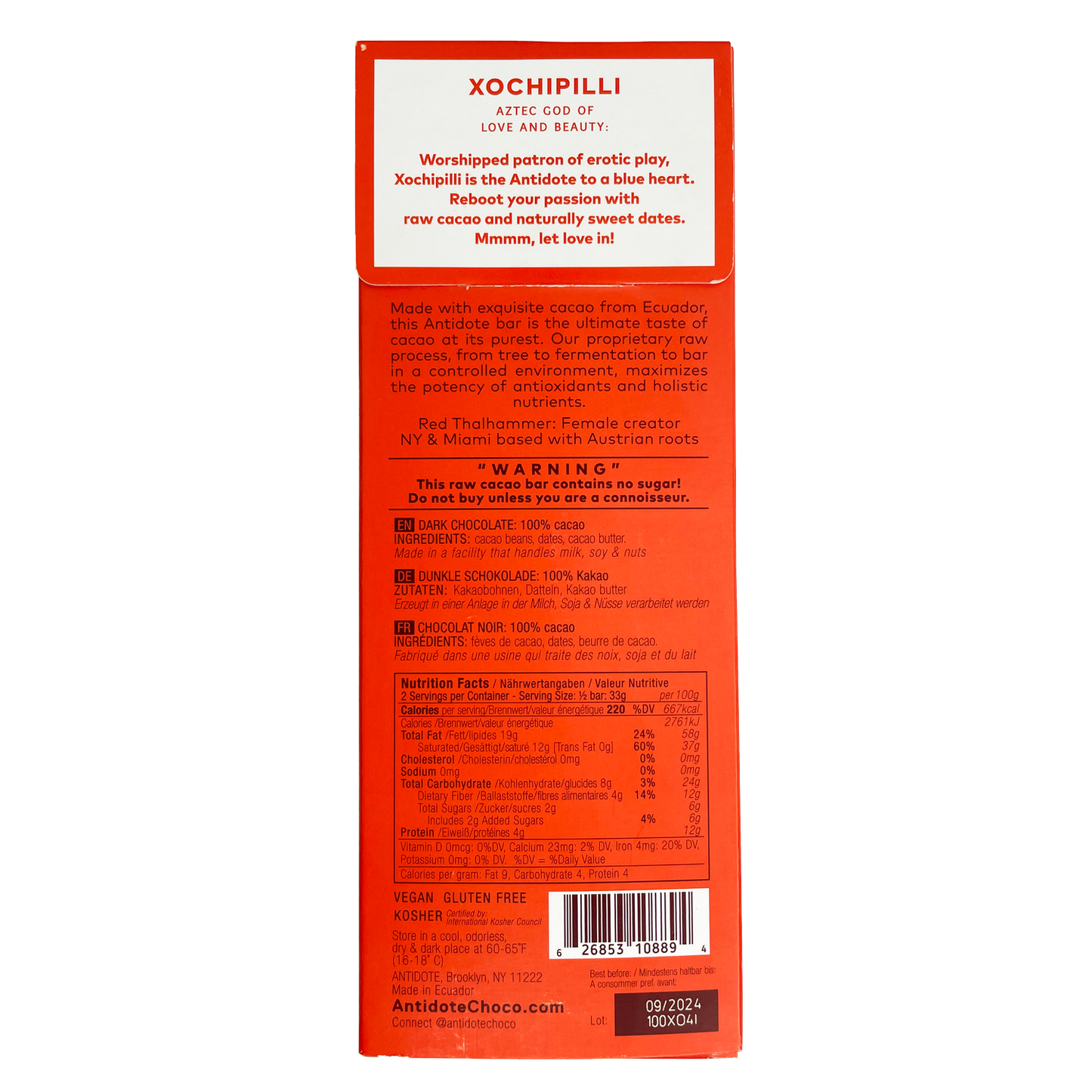 ANTIDOTE CHOCOLATE XOCHI: RAW 100% CACAO + DATES - 12 Bars