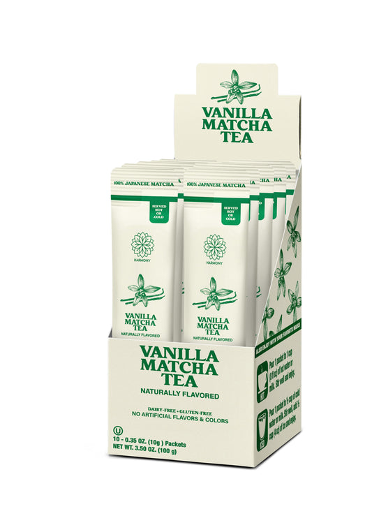 Harmony Matcha Vanilla – Premium Shade-Grown Japanese Matcha, Sweetened with Organic Sugar (10 Stick Packs)
