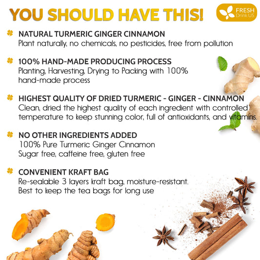 Turmeric, Ginger, Cinnamon Tea, Tea Bags, 100% Natural, Hand-made Blend of Turmeric, Ginger, and Cinnamon. Eco-conscious Tea Bags. Turmeric Ginger Herbal Tea. No Sugar, No Caffeine, No Gluten, Vegan.