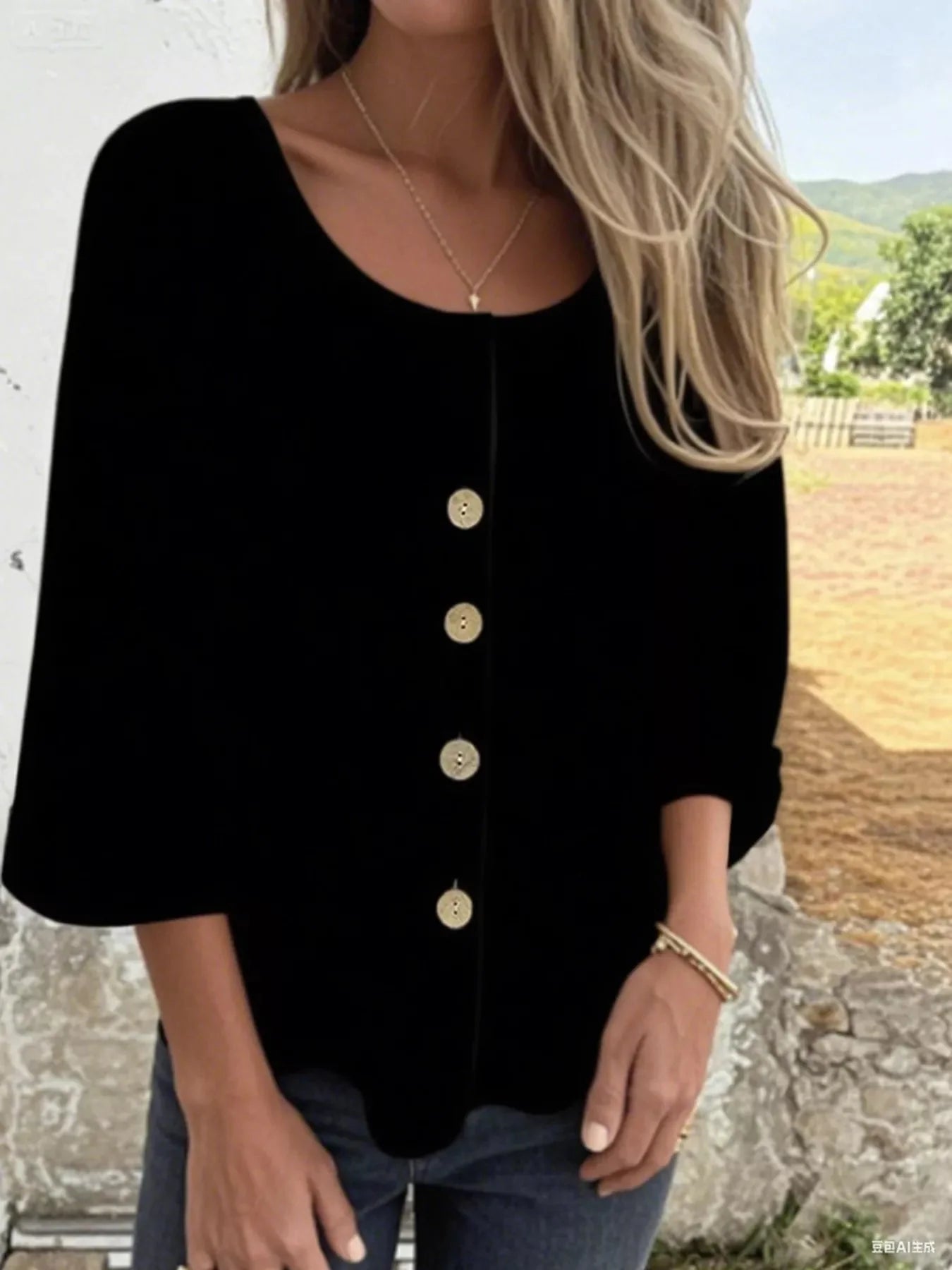 Button-Front 3/4 Sleeve Plus Size Casual Top
