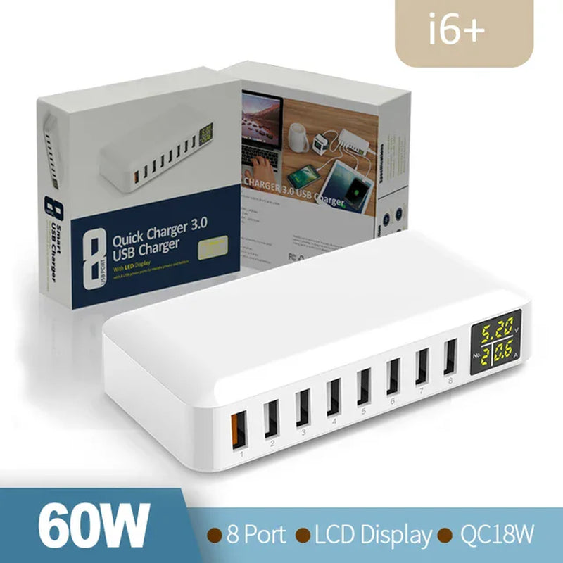 60W 8 Port USB Fast Charger QC3.0 HUB Smart Quick Charge with LED Display Multi USB Charging Station Mobile Phone Desktop Home