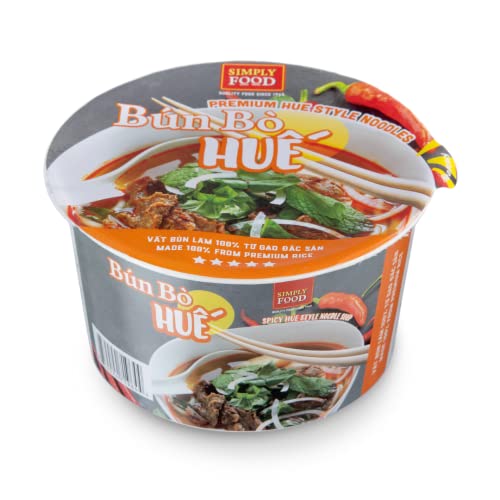SIMPLY FOOD Instant Spicy Hue Styled Rice Vermicelli Noodles (Bún Bò Huế) - 9 BOWLS/ 72g each – Thin, White, Round, Rice Vermicelli Noodles in a Spicy Hue Styled Broth