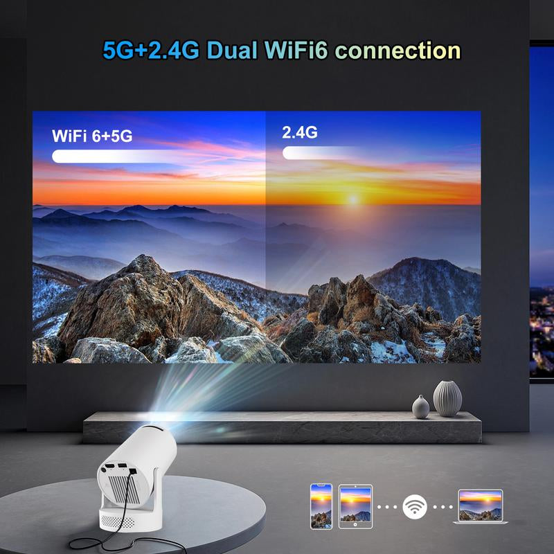 Mini Projector 4K Support with Dual-Band WIFI6 5G Wireless 5.4 Bluetooth Android 11, Soundbase Speaker, Manual Focus, Auto Vertical Keystone 180°Rotatable Portable Proyector for Home Bedroom Outdoor