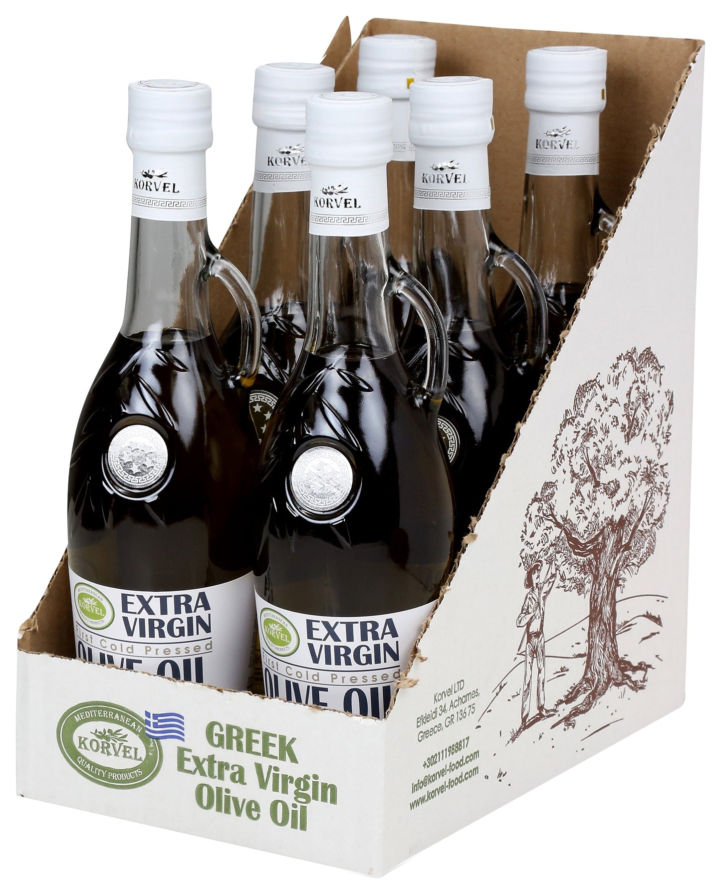 KORVEL Greek Extra Virgin Olive Oil, Amphora 16.9 fl oz (500ml) - 6 Pack