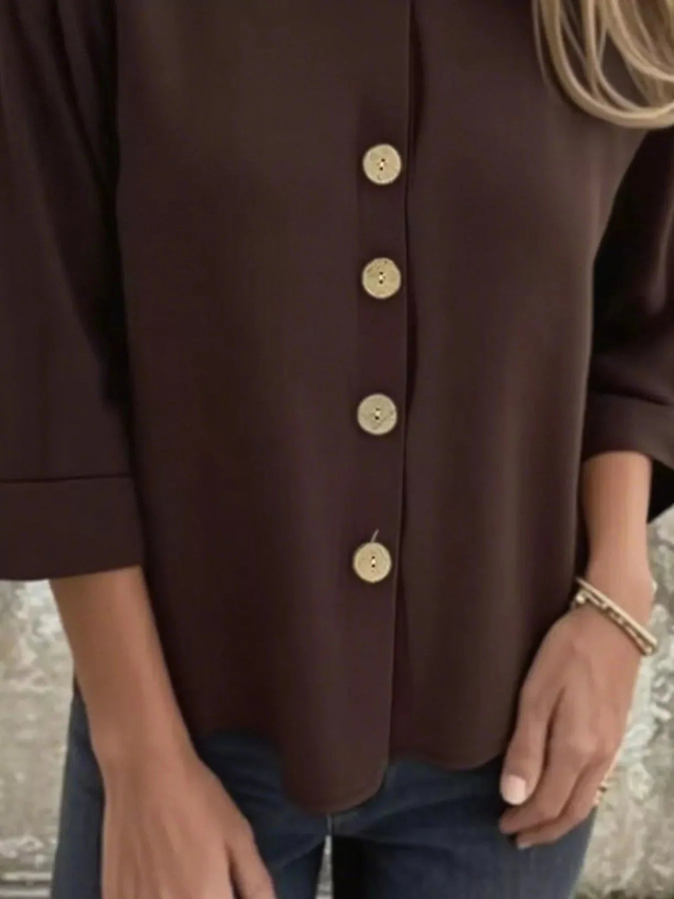 Button-Front 3/4 Sleeve Plus Size Casual Top