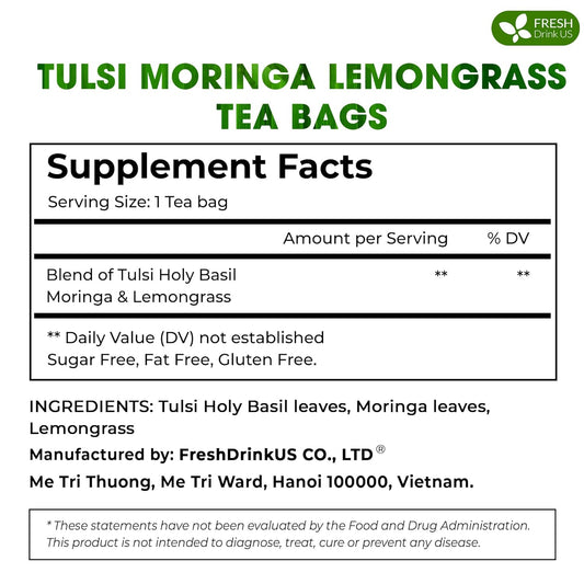 Premium Tulsi Moringa Lemongrass Tea Bags, 100% Natural & Pure from Tulsi Holy Basil Leaves, Moringa & Lemongrass.
