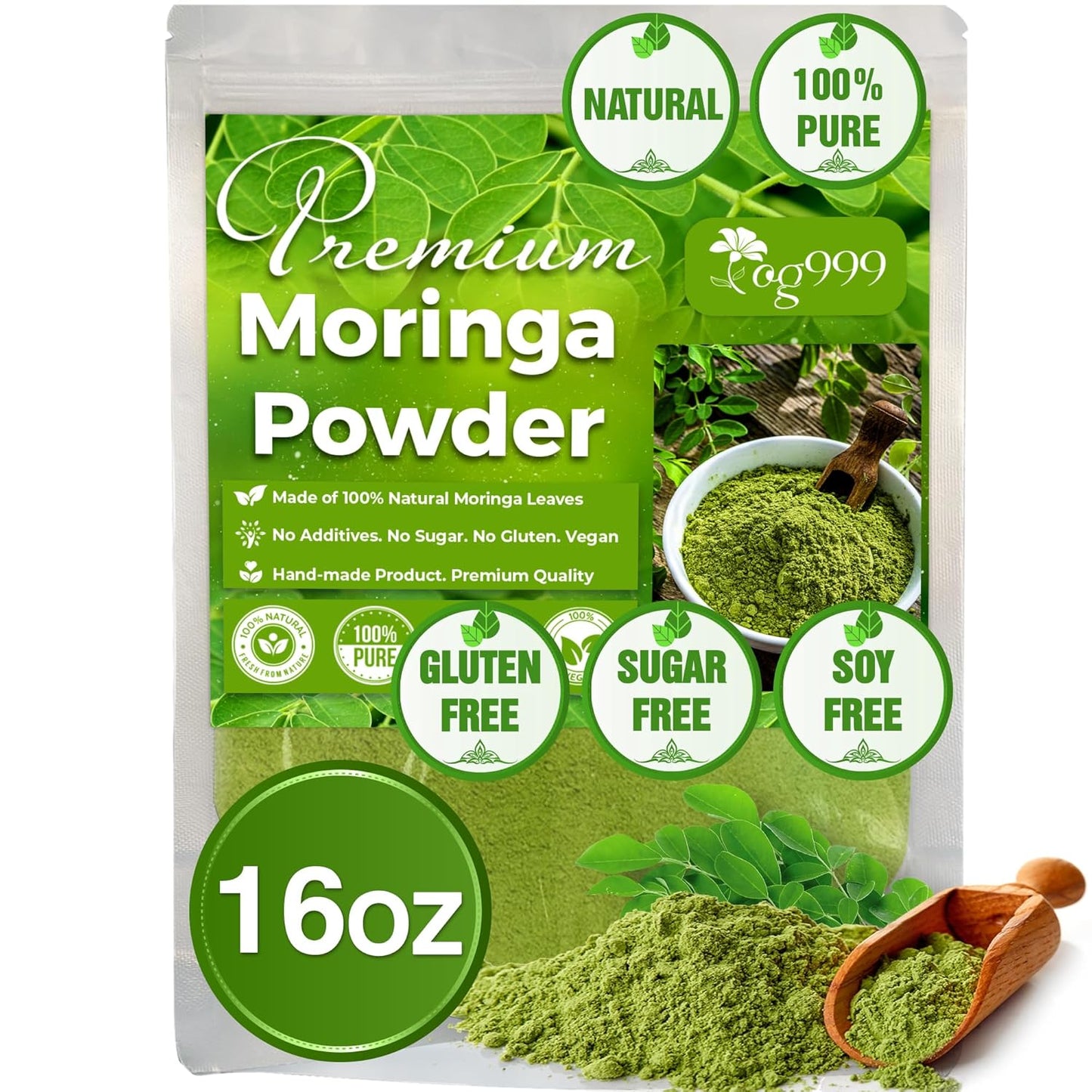 Premium 16oz Moringa Leaf Powder, 100% Natural and Pure from Moringa Leaves, No Additives, No Gluten, No Sugar, Vegan