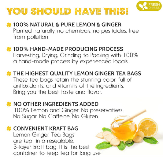Premium Lemon Ginger Tea Bag, Eco-conscious Tea Bags. Lemon Ginger Herbal Tea. No Sugar, No Caffeine, No Gluten, Vegan.