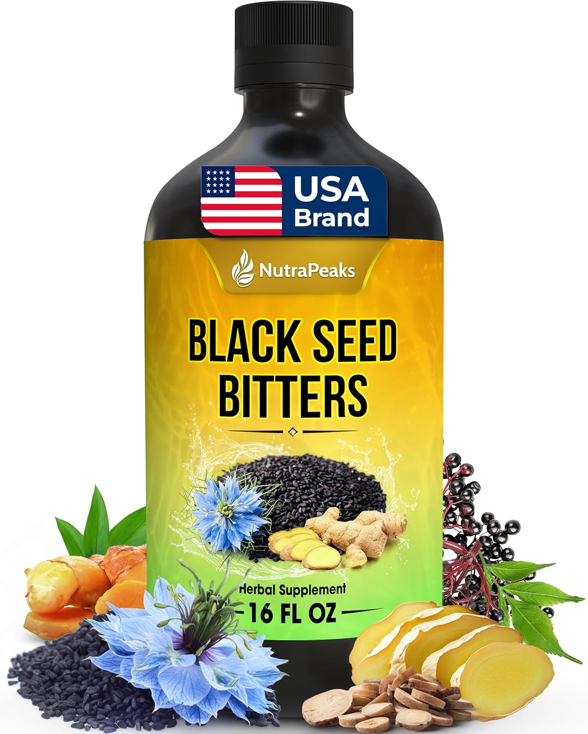 Black Seed Oil Bitters Liquid - 16 fl oz - Premium Herbal Blend with Black Seed Extract, Curcumin (Turmeric Extract), Ashwagandha, Elderberry, Probiotics, Vitamin C, Zinc