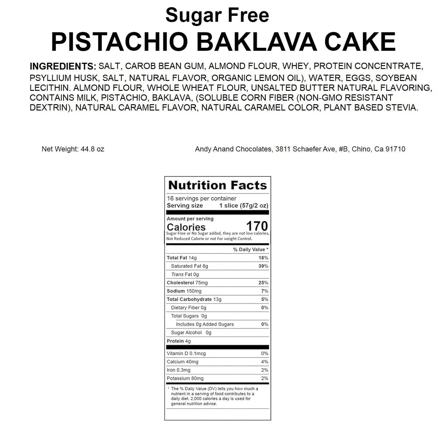 Andy Anand Sugar-Free Baklava Pistachio Cake, 9-Inch, 2.8 lb – Turkish & California Fusion, Keto, Diabetic-Friendly Birthday Gift Box
