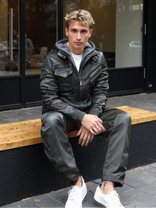 Mens Hooded Faux Leather Biker Jacket