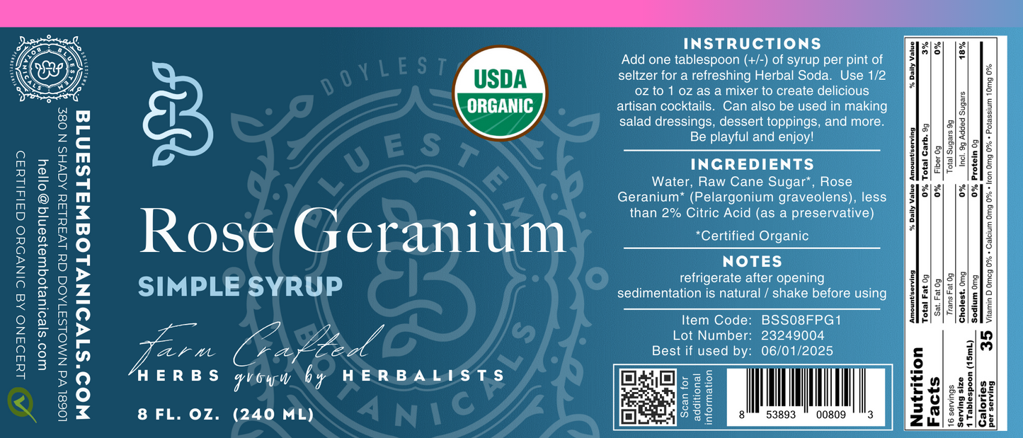 Rose Geranium Simple Syrup - Organic