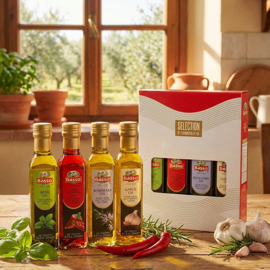 Basso 1904 Infused Extra Virgin Olive Oil Gift Set – Garlic, Chili Pepper, Rosemary, Basil – 4 x 8.5 fl oz (250 ml)