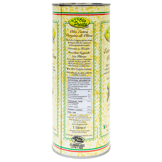 Olio Presta Olive Oil, Organic, Extra Virgin Olive Oil Tin - 12 tins x 1L case
