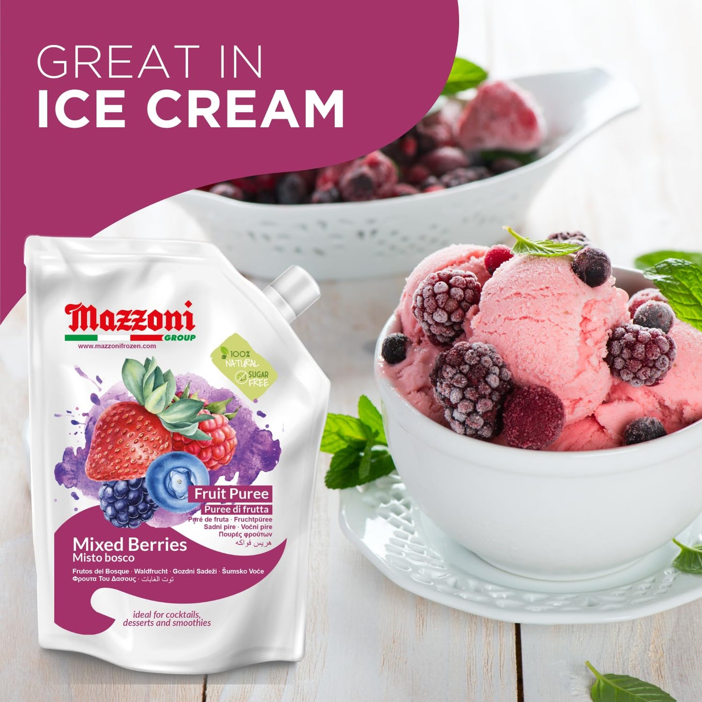 Mazzoni, Forest Berries Puree, 100% Pure Forest Berries, Just Fruit, No Sugar Added, 2.2 lb