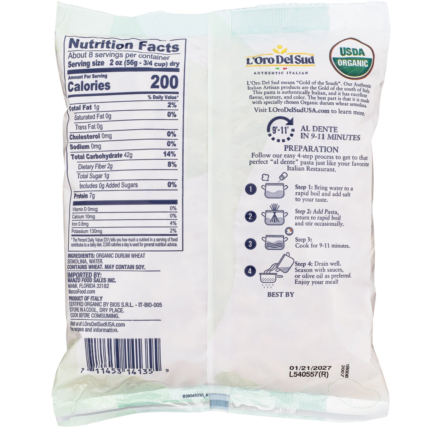 L'Oro Del Sud, Organic Ditalini Pasta, 20 Pack x 1 lb