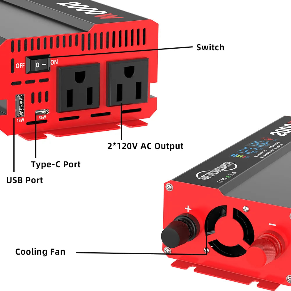 2000W Pure Sine Wave Power Inverter Transformers DC 12V To AC 120V with USB Type-C LCD Display For Vehicles,RV,Solar Panel,Camp