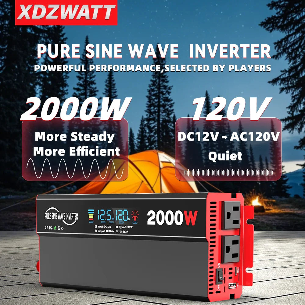 2000W Pure Sine Wave Power Inverter Transformers DC 12V To AC 120V with USB Type-C LCD Display For Vehicles,RV,Solar Panel,Camp