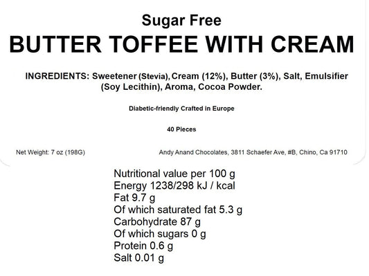 Andy Anand Chocolatier Sugar Free Butter Toffee Hard Candy With Cream Made in Europe Gluten Free, Mouthwatering Experience With Diabetic-friendly, Stevia Sweetened Candy (40 Pcs, 7 Oz)