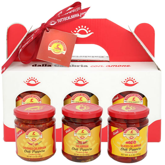 TuttoCalabria Calabrian Chili Pepper Gift Set – Hot Whole, Crushed and Sliced – 3 x 6.5 oz Jars