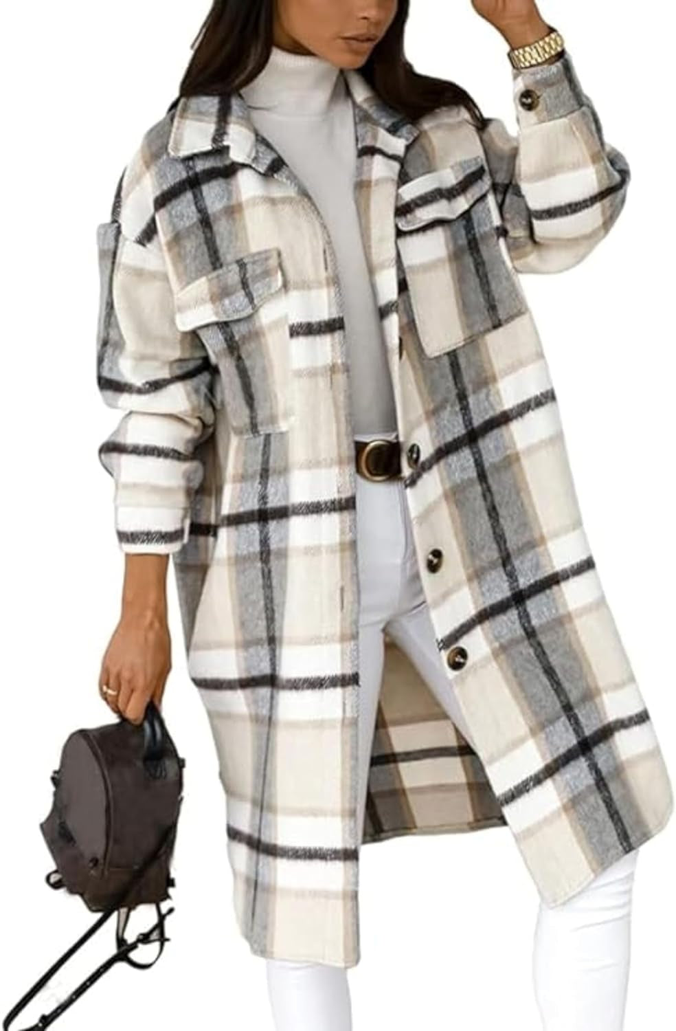 Women'S Flannel Plaid Shacket Fall Oversized Long Button down Shirt Jacket Shackets