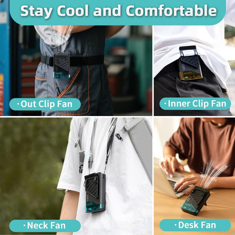 2025 AI Portable Waist Fan Rechargeable with LED Display & 40H Runtime 5 Speed 10000RPM Cooling Personal Clip Fan 33Ft/S Wind Speed Neck Fan for Outdoor Work Camping Farm Jobsite Multi-Use Thin Light Strotig