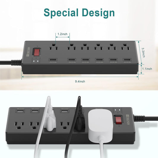 Power Strip, Surge Protector with 6 AC Outlets & 6 USB Charging Ports, 6 Feet Heavy Duty Extension Cord, 1625W/13A Multiplug for Home Office & Multiple USB Devices - Black