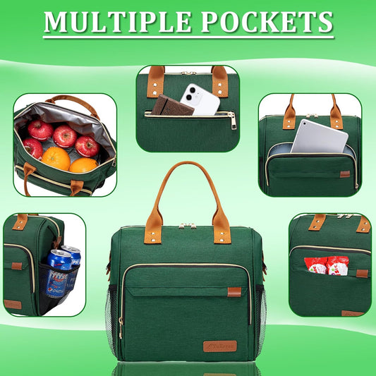 Insulated Lunch Bag Adult Lunch Box for Women for Work Leakproof Soft Cooler for Beach Travel Picnic, Dark Green