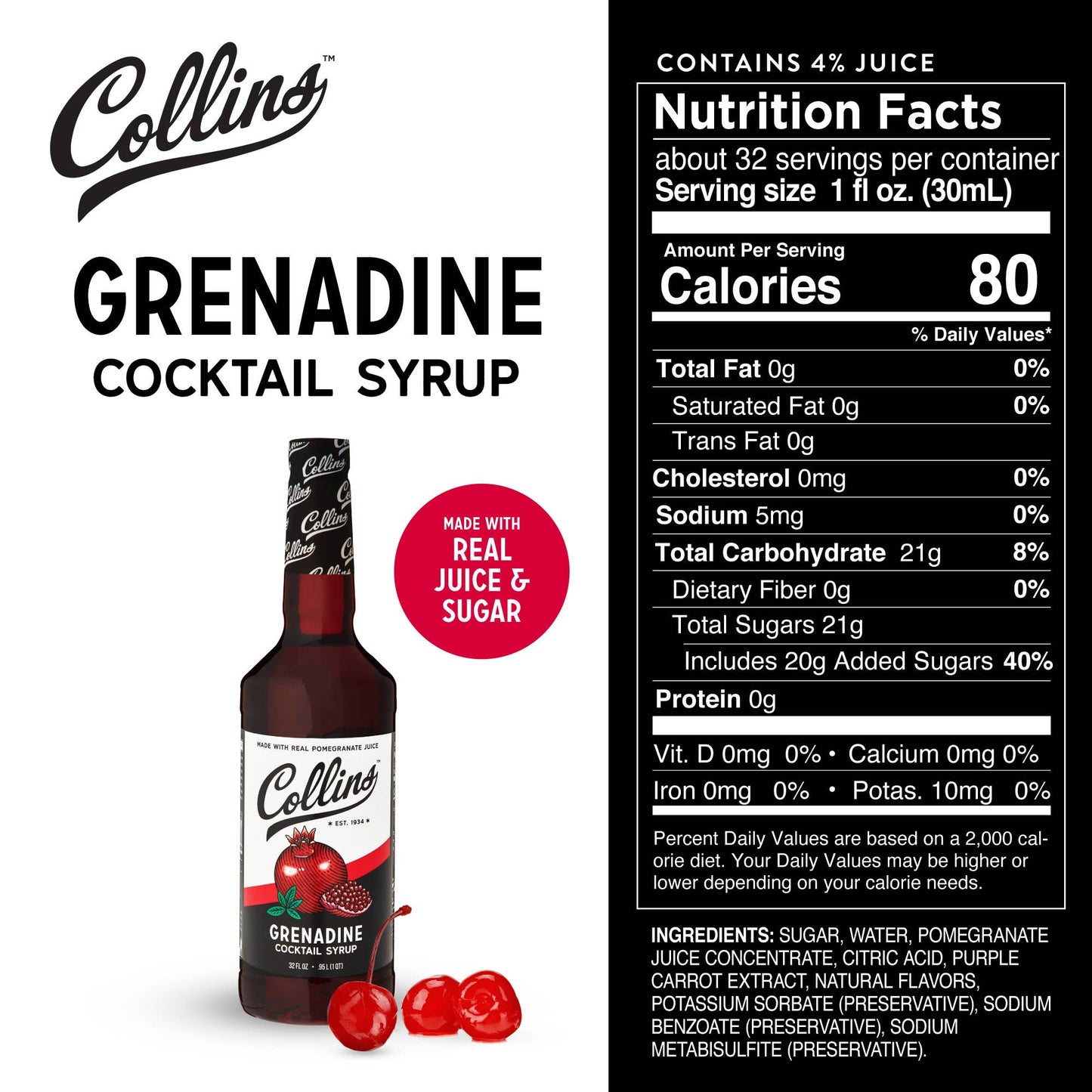 Real Sugar Grenadine Cocktail Syrup 32 oz