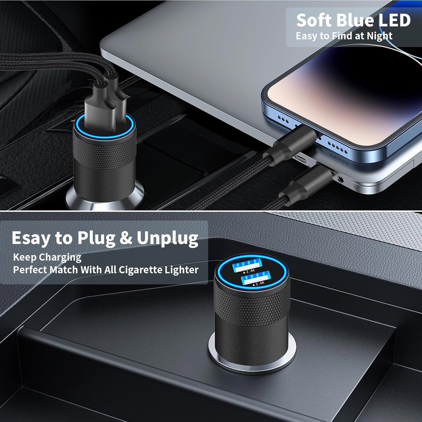 【Mfi Certified】Iphone Car Charger Fast Charging, 4.8A Dual USB Smart Power Cigarette Lighter USB Car Charger with 2Pack Lightning Braided Cable for Iphone 14 13 12 11 Pro XS Mini XR X SE Ipad