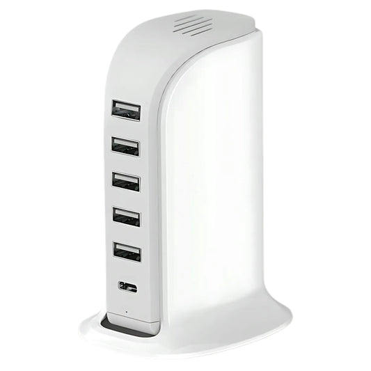 6-in-1 USB Charging Station – 40W Charger Block with 5 USB Ports (Shared 6A) & 3A USB-C Port, Multiport Desktop Charging Hub for Travel & Multiple Electronics