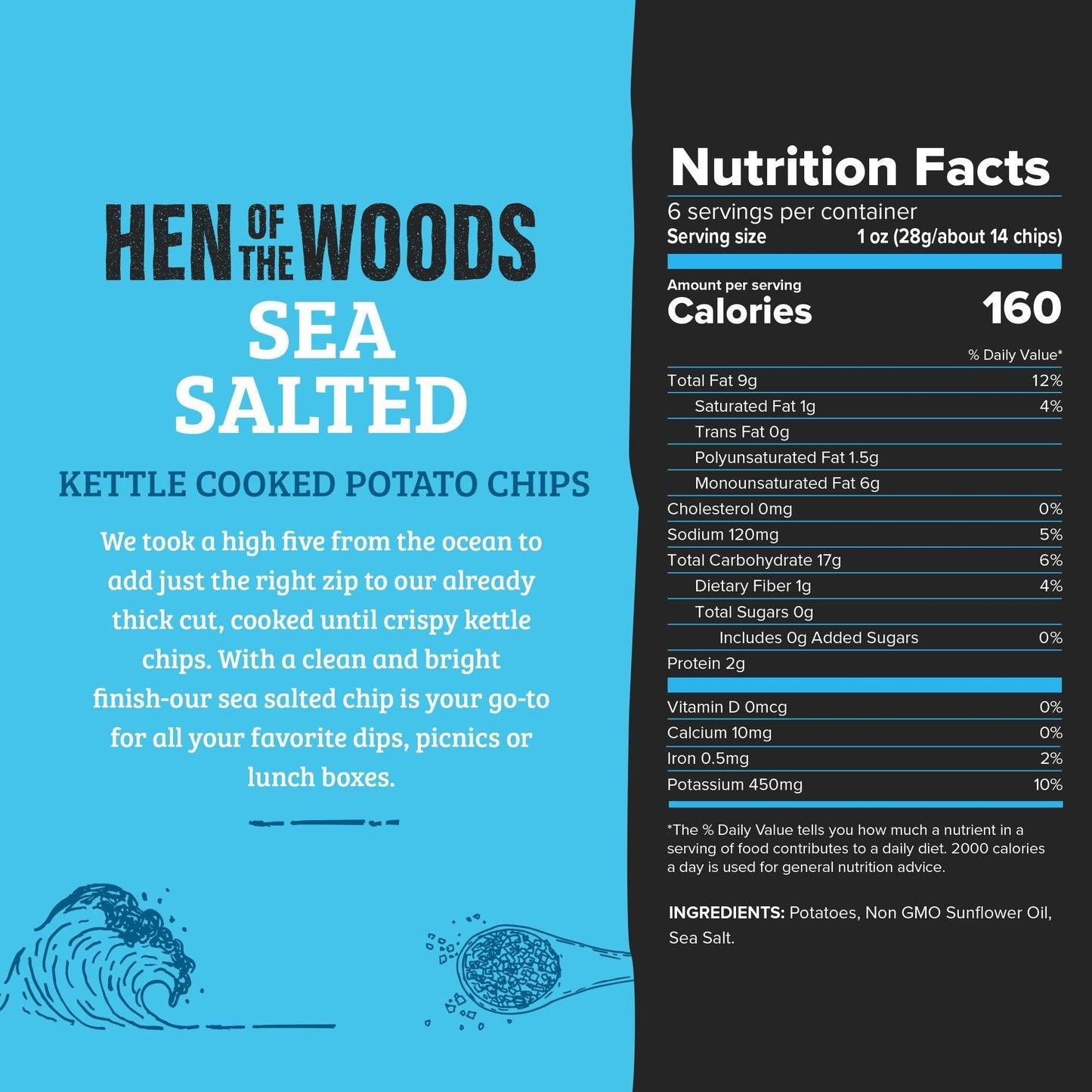 Hen of the Woods Sea Salted Kettle Chips Bags - 24 bags x 6oz case