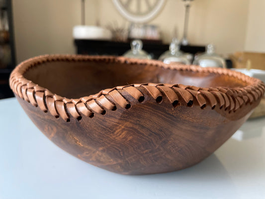 Whiskey & Wood Bowl w/ Leather Stitching