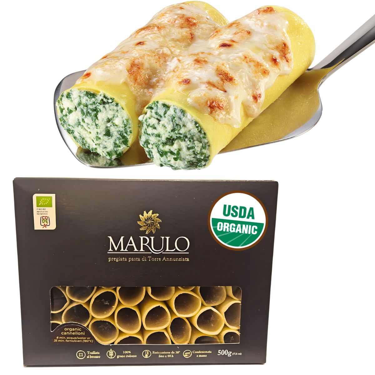 Marulo, Organic Cannelloni, Artisan Italian Pasta, Bronze Die Cut, 1.1 lb (500g)