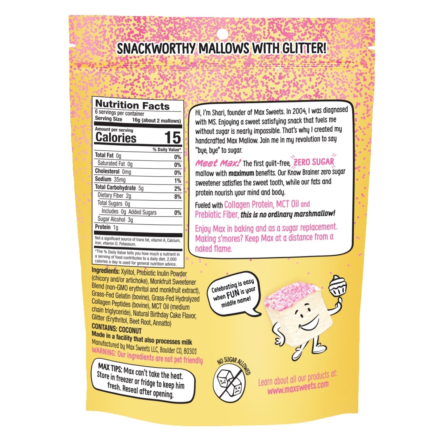 Max Sweets NEW Know Brainer Max Sweets Snacks Low Carb FunFetti Max Mallow marshmallows with glitter- Gluten Free, Soy Free, Zero Sugar snack, Non-GMO 3 pack