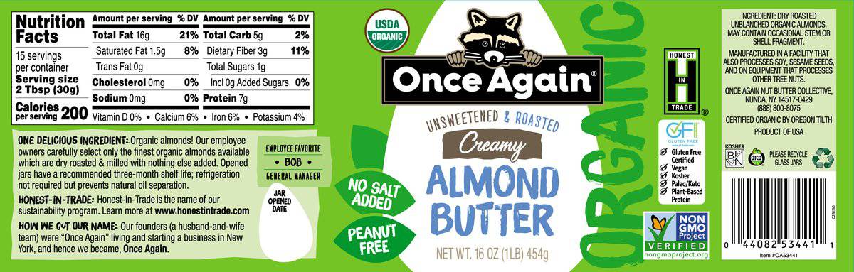 Almond Butter, Creamy, No Salt, Organic