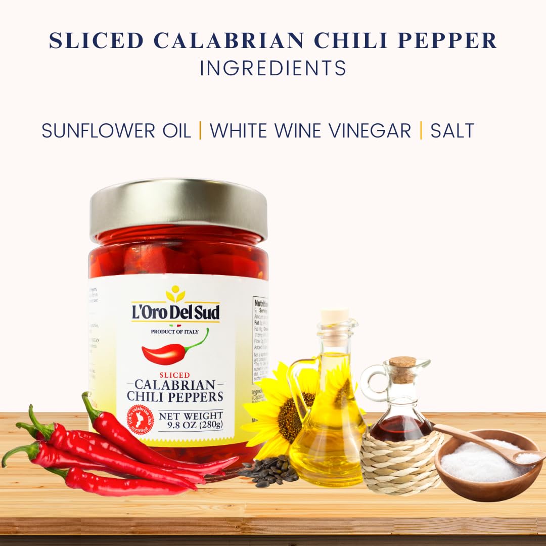 L'Oro Del Sud, Sliced Calabrian Chili Peppers, 9.8 oz (280 g)