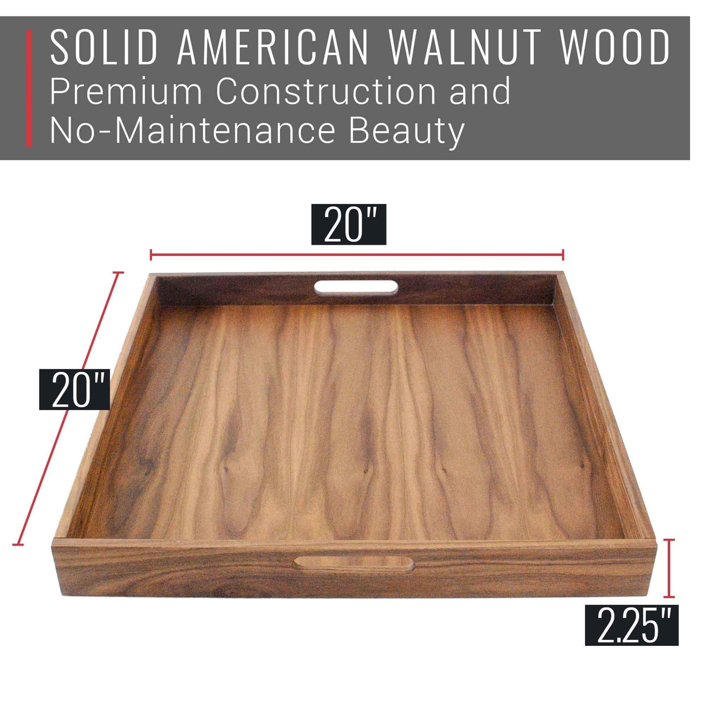 Virginia Boys Kitchens 20 x 20 Inch Square Walnut Wood Serving and Coffee Table Tray with Handles