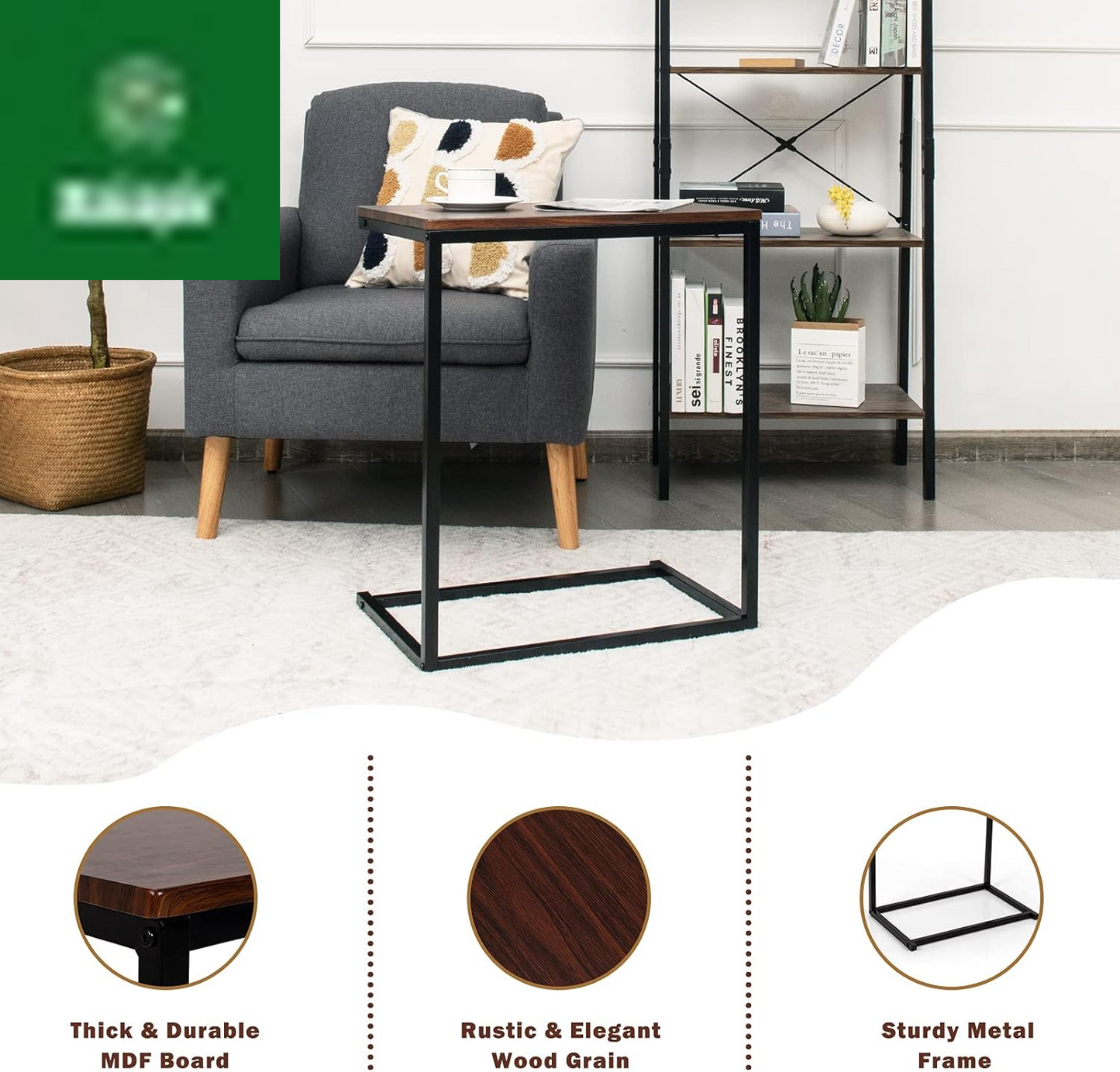 Sofa Side Table C Shaped Table, Vintage Couch Table Sofa Side Table for Coffee Snack Laptop, Living Room TV Tray End Table