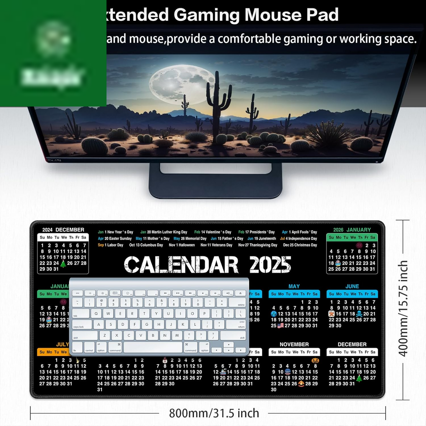 2025 Calendar Mouse Pad with Holidays, 31.5X15.7Inch Large Extended Big Computer Mousepad Premium-Textured & Waterproof Desk Mat