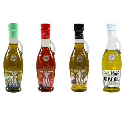 KORVEL Greek Olive Oil Set, 4 x 8.45 fl oz – Herbs, Chili, Truffle, Classic EVOO