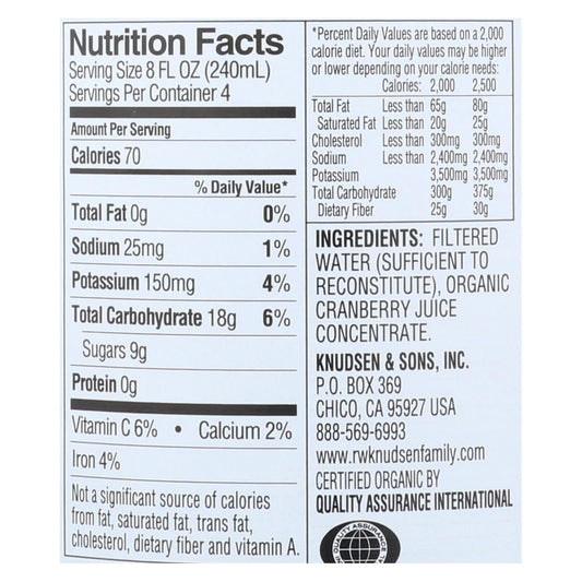 R.W. Knudsen Organic Just Cranberry Juice, 6-Pack, 32 fl oz