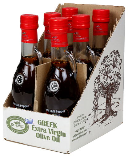 KORVEL Greek Extra Virgin Olive Oil with Chili Pepper - 8.45 fl oz (250ml) - 6 Pack