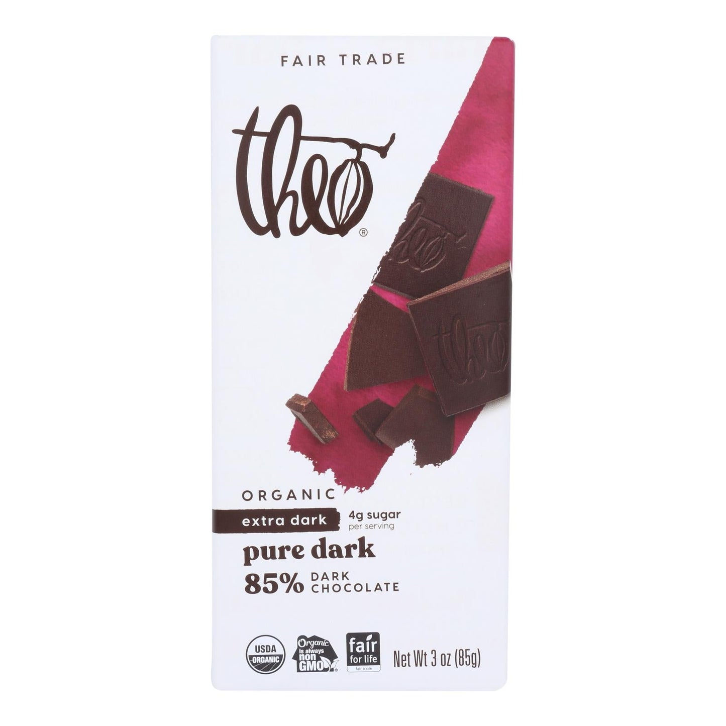 Theo Organic Dark Chocolate Bar 85% Cacao, 3oz, 12-Pack