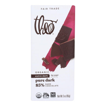 Theo Organic Dark Chocolate Bar 85% Cacao, 3oz, 12-Pack