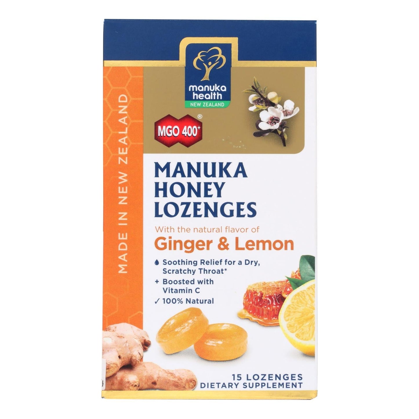Manuka Health MGO 400+ Honey Lemon Ginger Lozenges 15 Ct